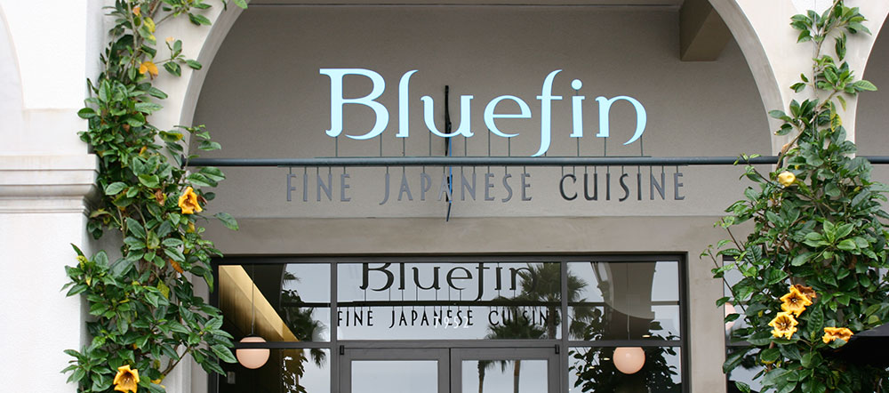 The Bluefin entrance, with the Bluefin Fine Japanese Cuisine sign above the doors